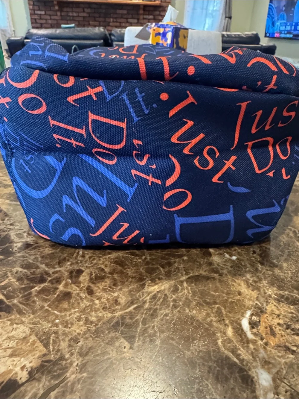 Nike Blue Insulated Lunch Bag with Orange 'Just Do It' Script and White Swoosh